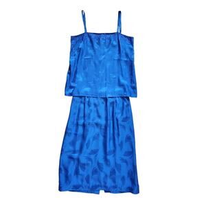 Vintage D'ore 100% Silk Classic Blue Beaded Blouse & Skirt 2Pc Set, Size 14